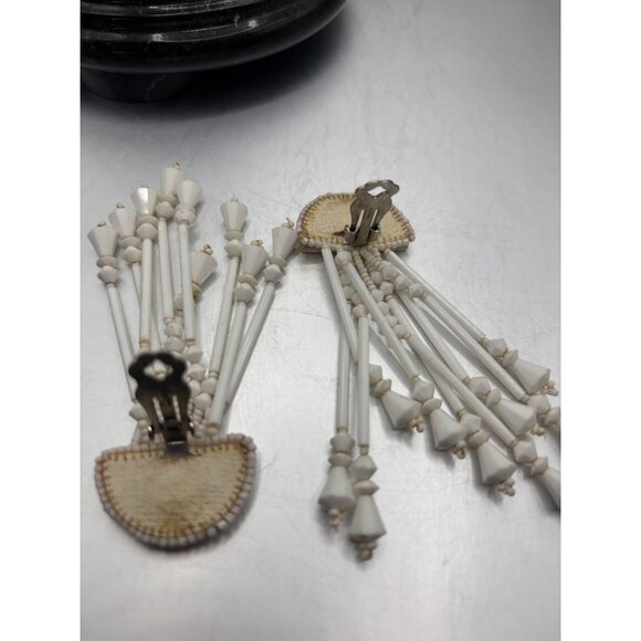 VTG Clip-On Earrings w/ White Marble & Sparkly Stone Beads Long Chandeliar - Picture 7 of 10